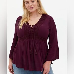 Torrid Babydoll Gauze Crochet Trim Lace-Up Top - Boho